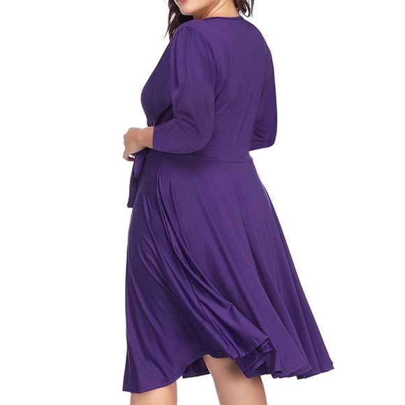 Plus size Purple V Neck Wrap Midi Dress,1-4X - Picture 3 of 7